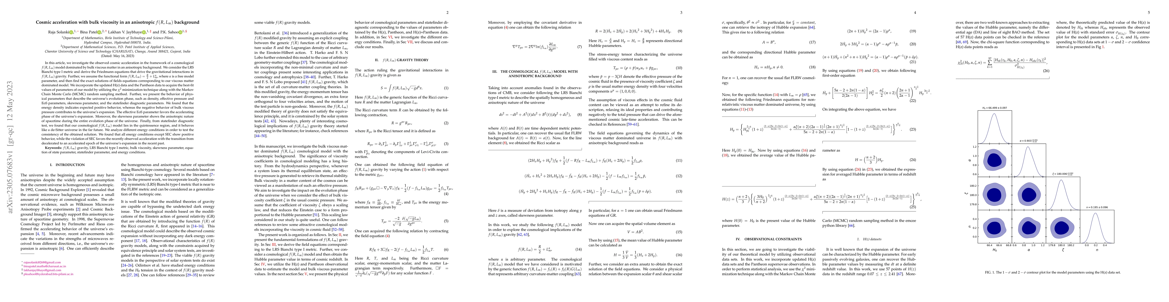 Thumbnail for Cosmic acceleration with bulk viscosity in an anisotropic $f(R,L_m)$
  background