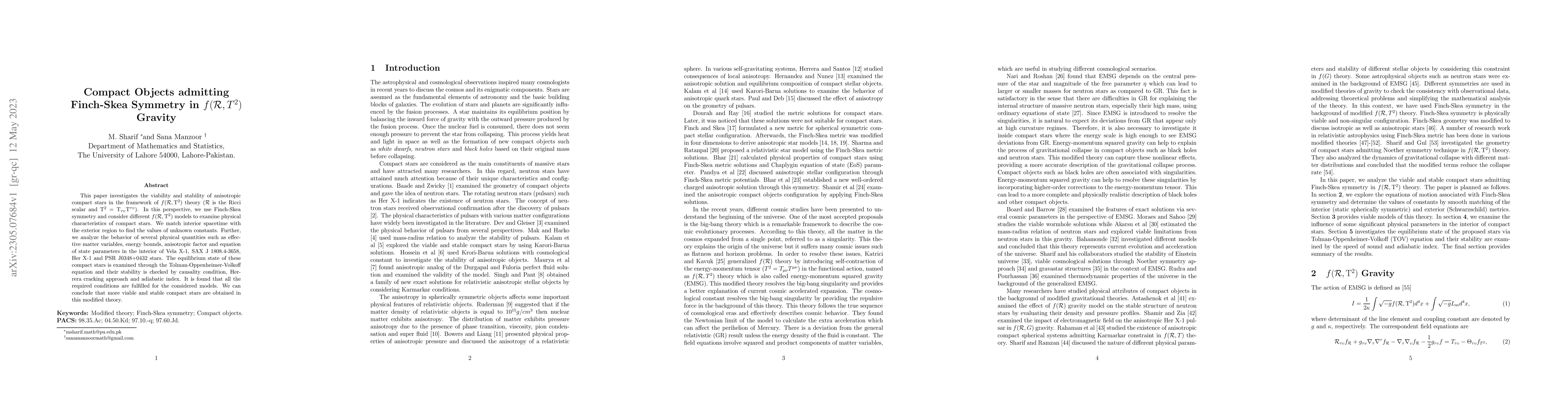 Thumbnail for Compact Objects admitting Finch-Skea Symmetry in $f(\mathcal{R},T^2)$
  Gravity