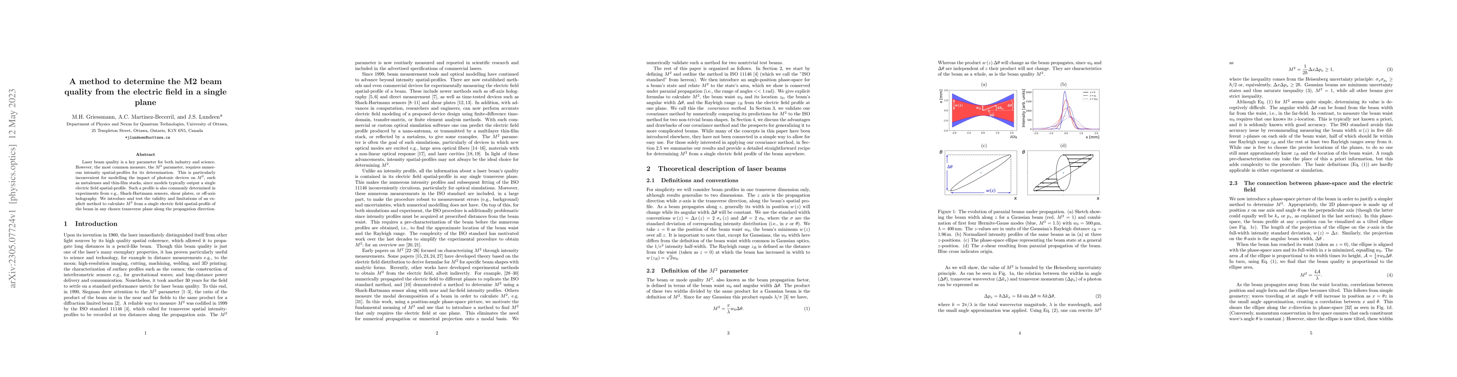 Thumbnail for A method to determine the M2 beam quality from the electric field in a
  single plane