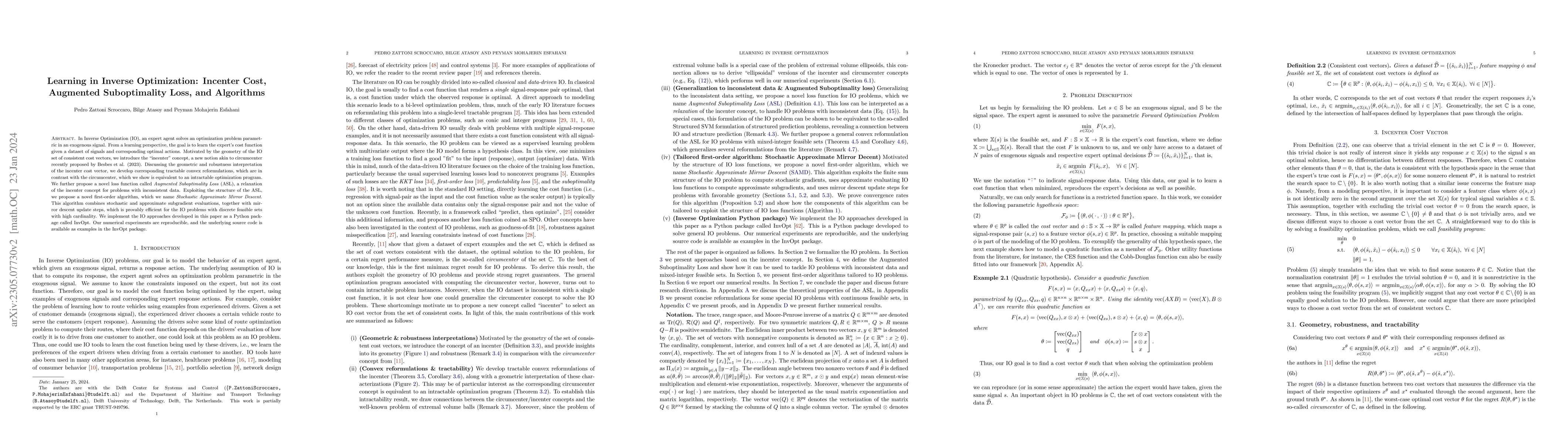 Thumbnail for Learning in Inverse Optimization: Incenter Cost, Augmented Suboptimality
  Loss, and Algorithms