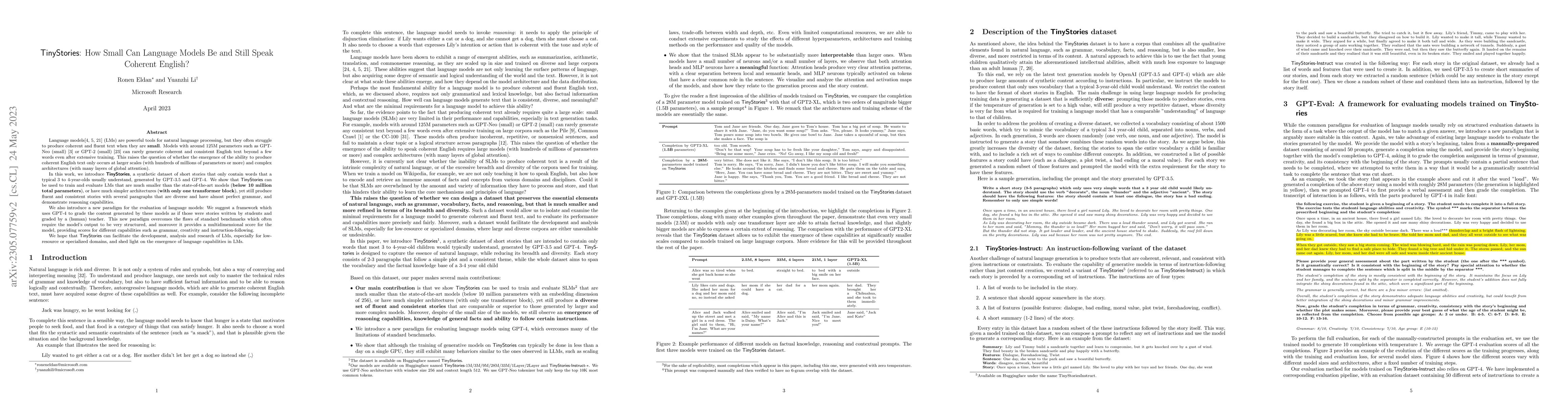 Thumbnail for TinyStories: How Small Can Language Models Be and Still Speak Coherent
  English?