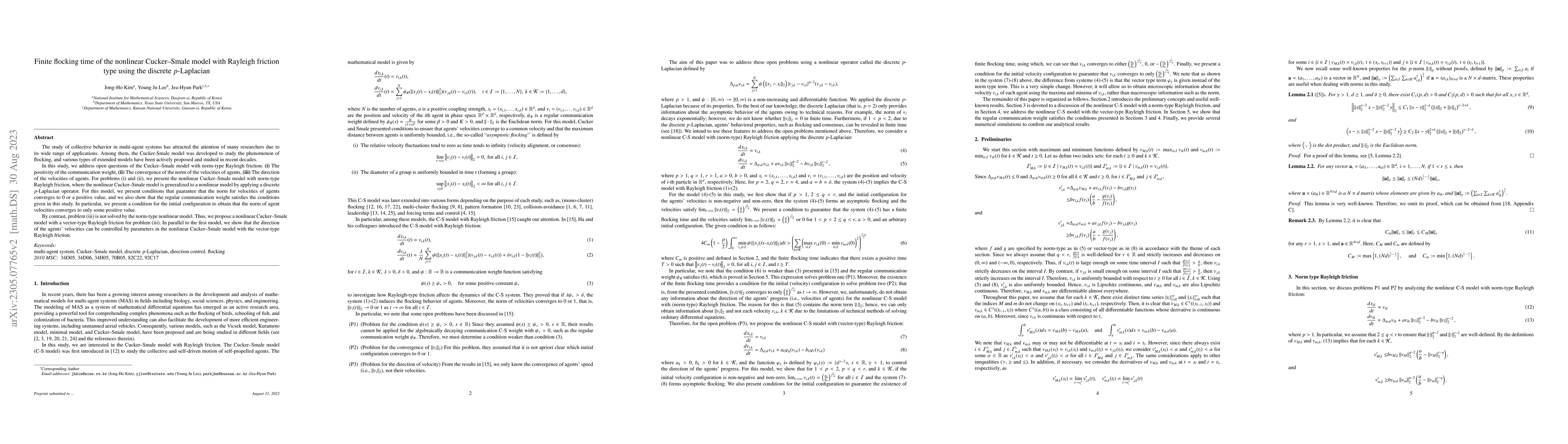 Thumbnail for Finite flocking time of the nonlinear Cucker--Smale model with Rayleigh
  friction type using the discrete $p$-Laplacian