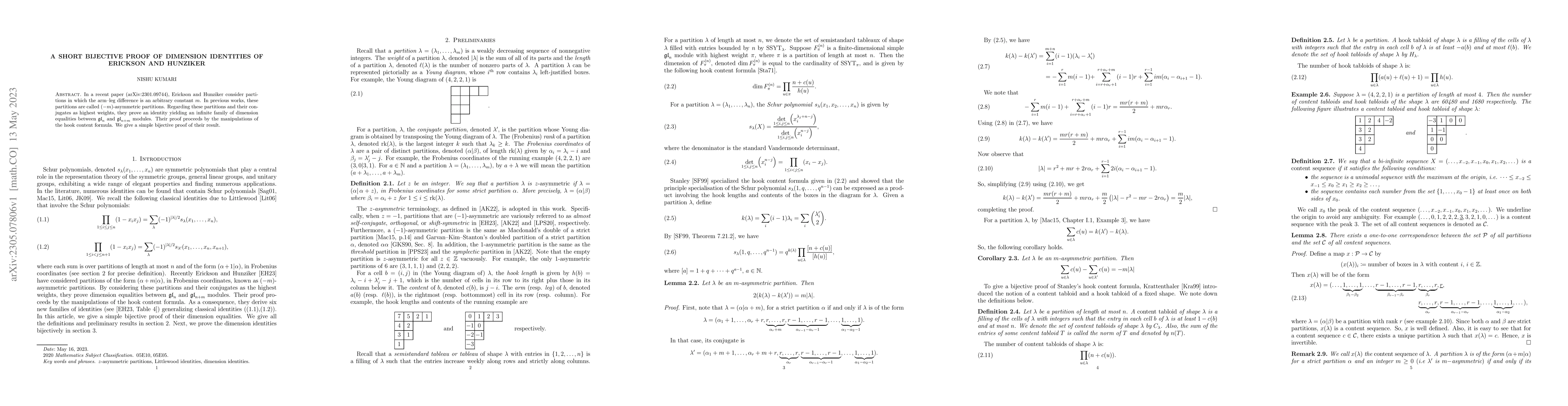 Thumbnail for A short bijective proof of dimension identities of Erickson and Hunziker