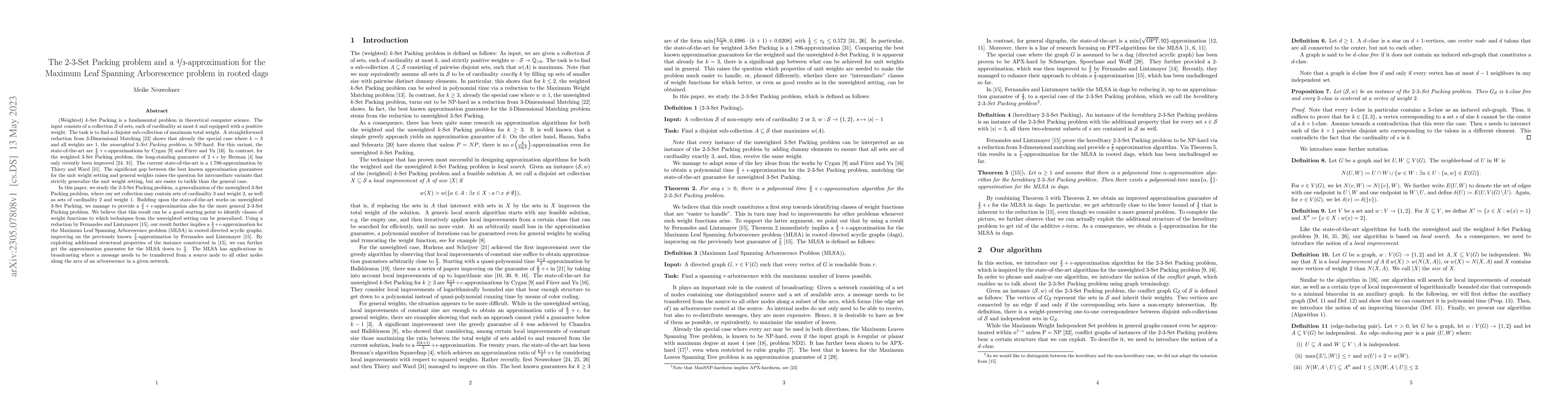 Thumbnail for The $2$-$3$-Set Packing problem and a $\frac{4}{3}$-approximation for
  the Maximum Leaf Spanning Arborescence problem in rooted dags