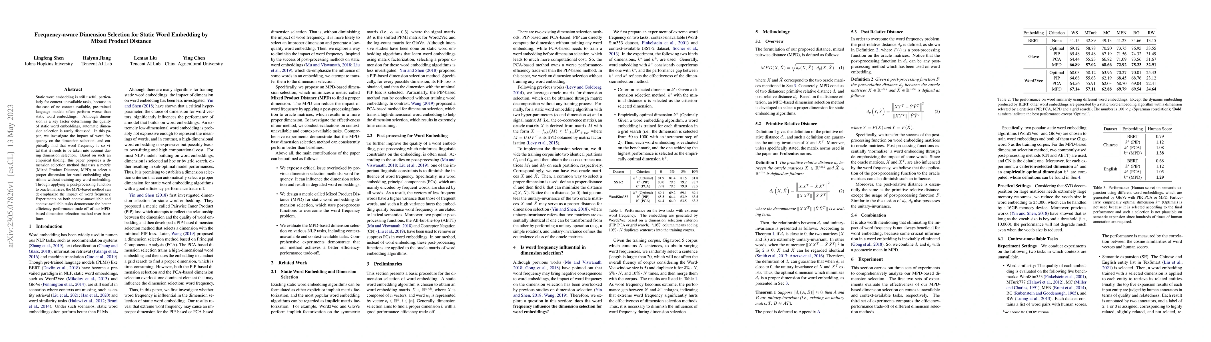Thumbnail for Frequency-aware Dimension Selection for Static Word Embedding by Mixed
  Product Distance