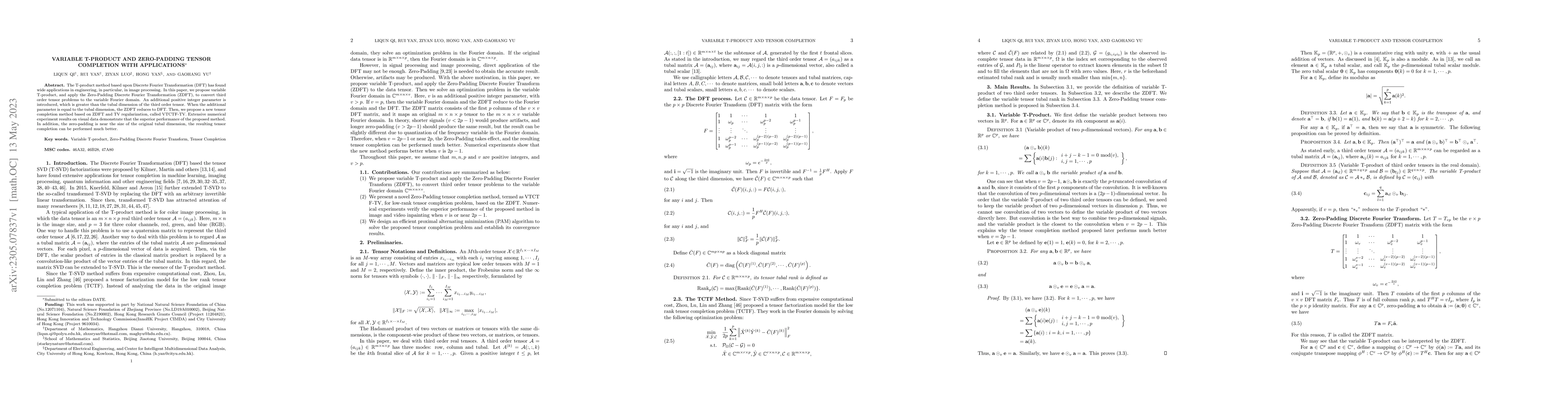 Thumbnail for Variable T-Product and Zero-Padding Tensor Completion with Applications