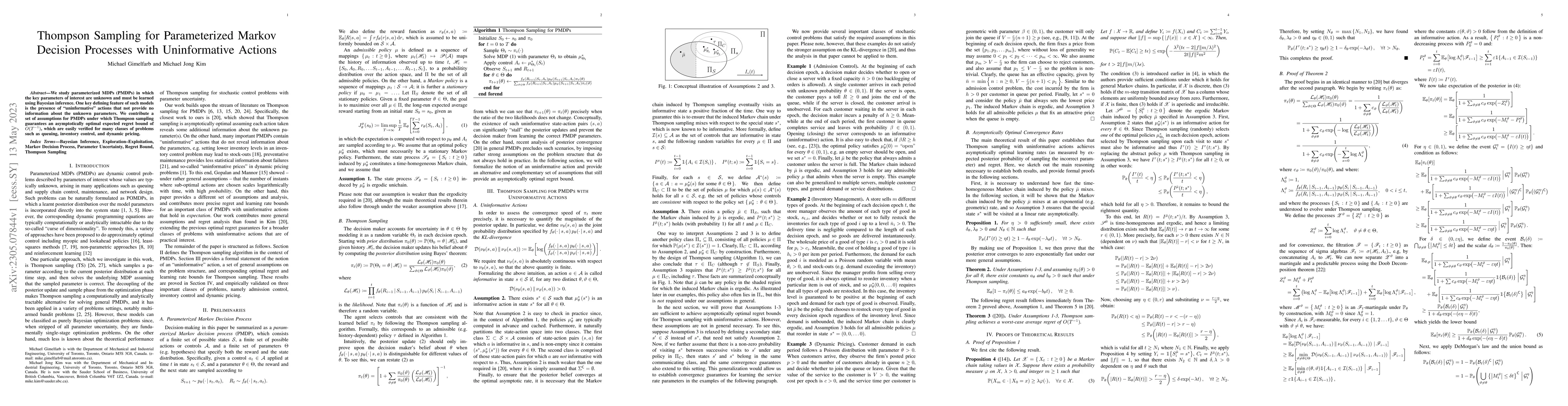 Thumbnail for Thompson Sampling for Parameterized Markov Decision Processes with
  Uninformative Actions