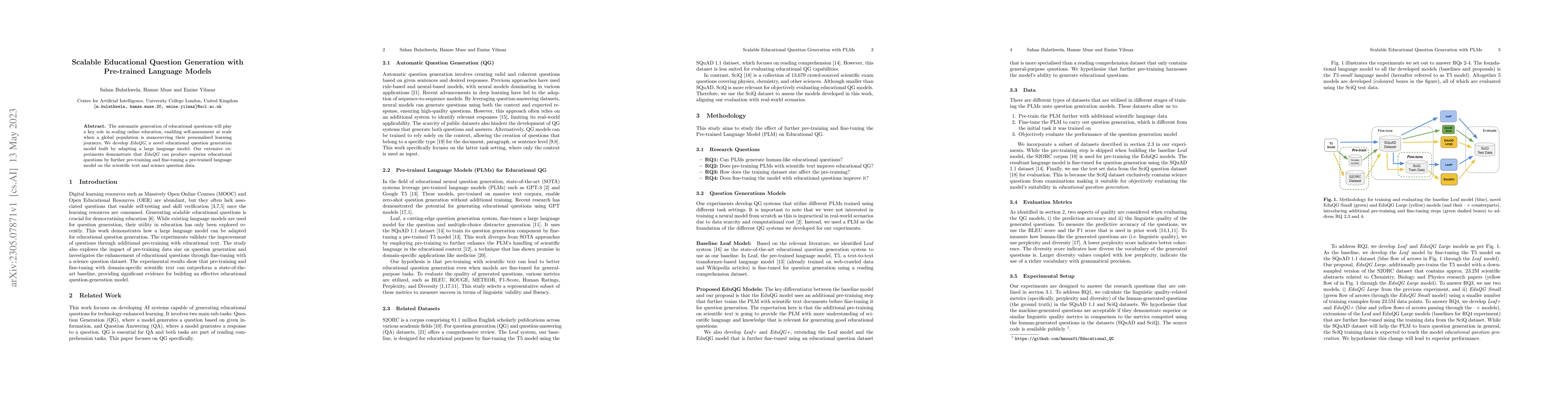 Thumbnail for Scalable Educational Question Generation with Pre-trained Language
  Models