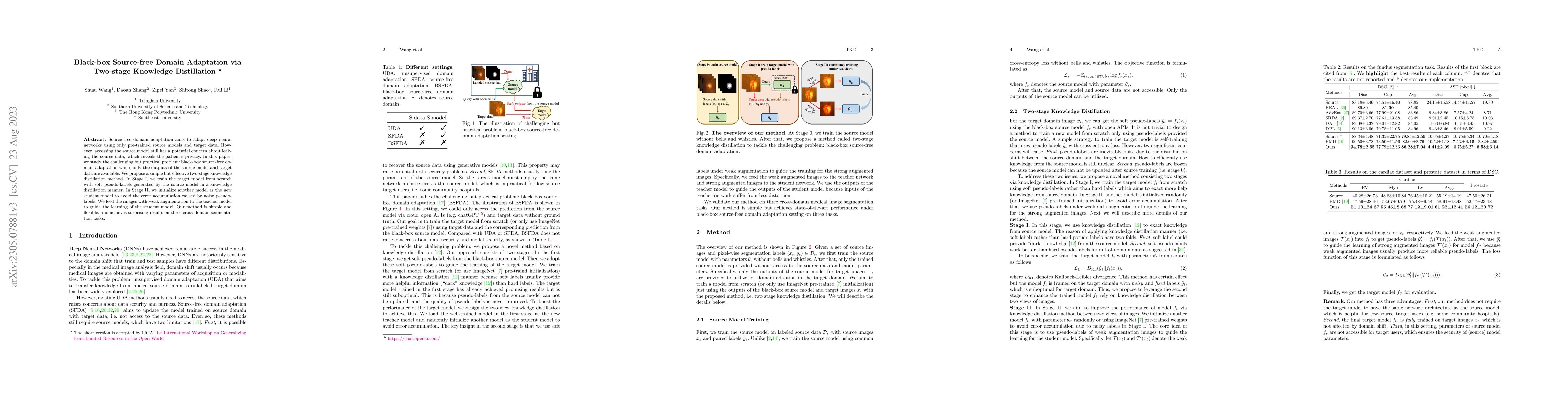 Thumbnail for Black-box Source-free Domain Adaptation via Two-stage Knowledge
  Distillation