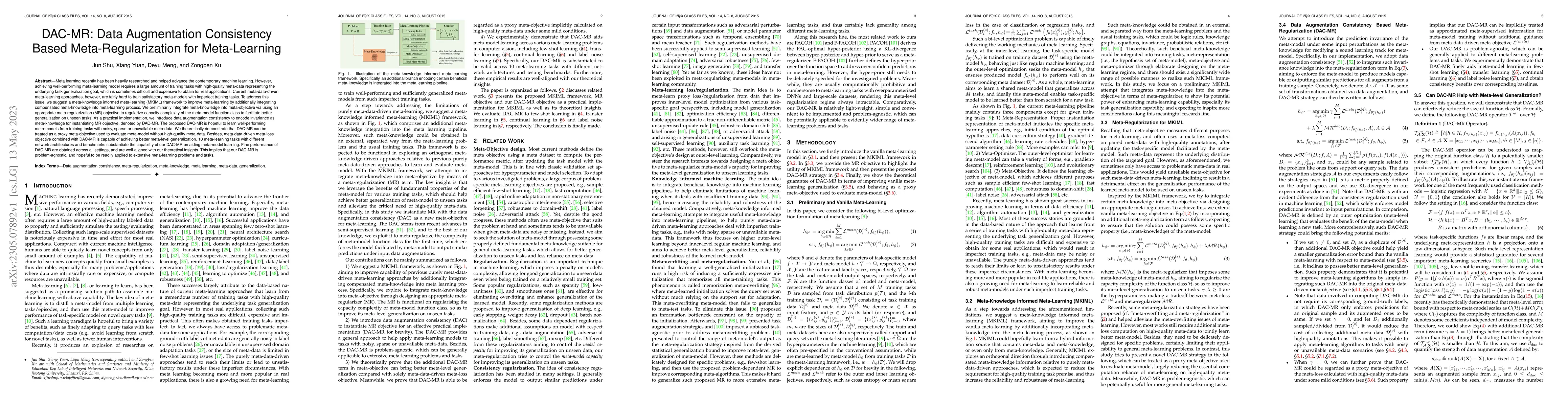 Thumbnail for DAC-MR: Data Augmentation Consistency Based Meta-Regularization for
  Meta-Learning