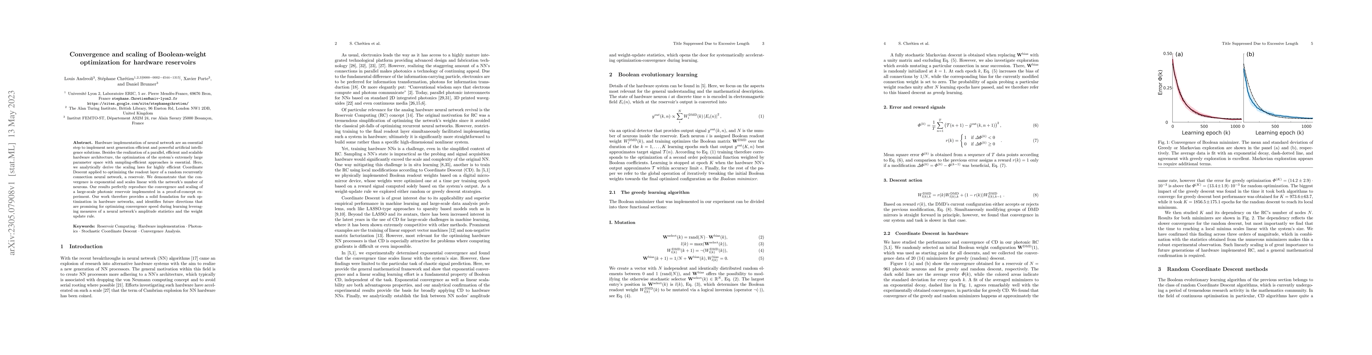 Thumbnail for Convergence and scaling of Boolean-weight optimization for hardware
  reservoirs