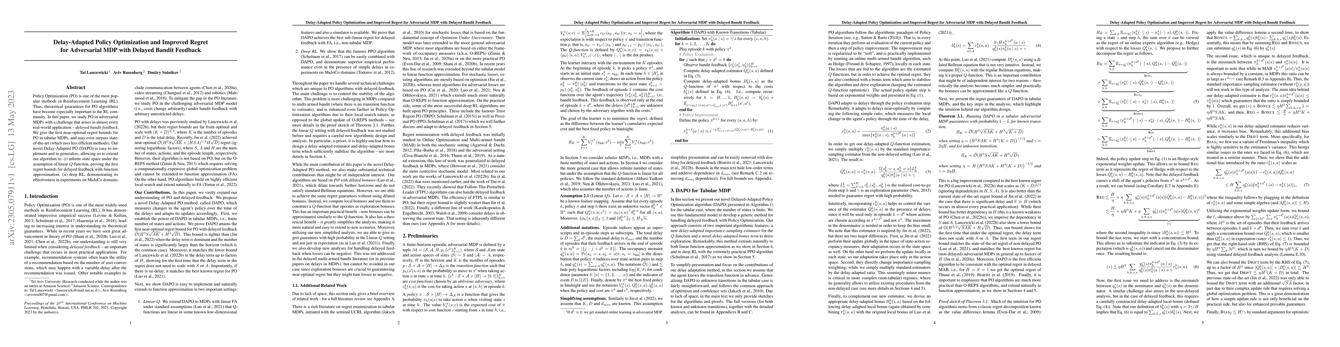 Thumbnail for Delay-Adapted Policy Optimization and Improved Regret for Adversarial
  MDP with Delayed Bandit Feedback