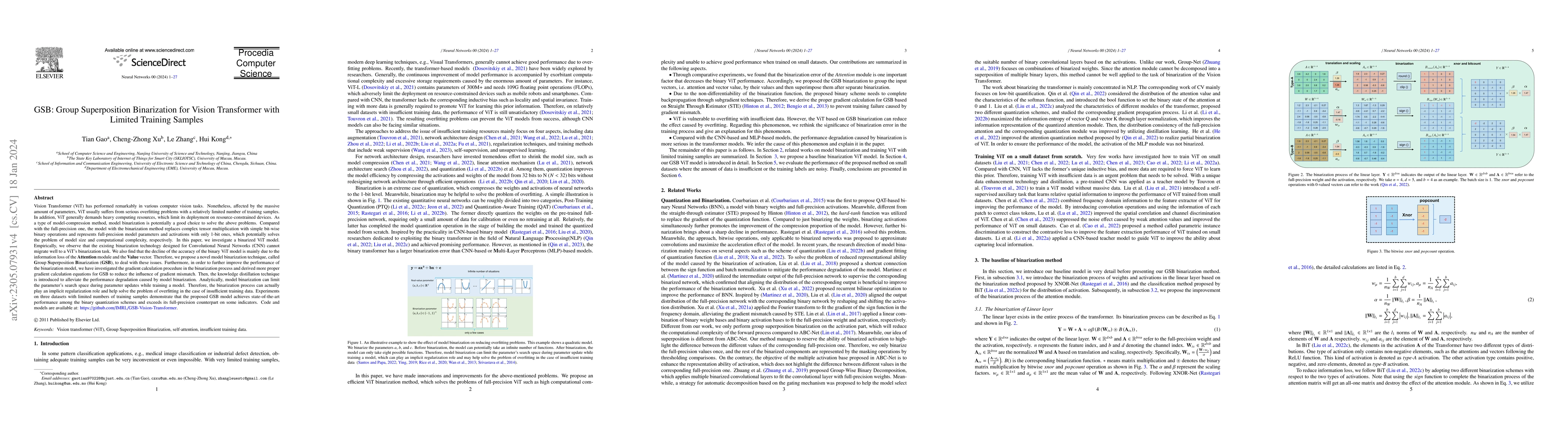 Thumbnail for GSB: Group Superposition Binarization for Vision Transformer with
  Limited Training Samples