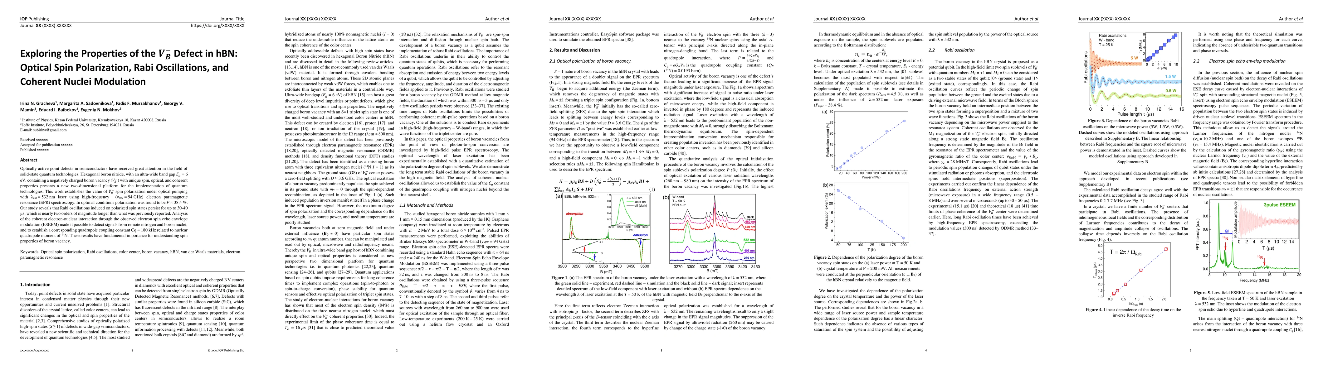 Thumbnail for Exploring the Properties of the V_B^- Defect in hBN: Optical Spin
  Polarization, Rabi Oscillations, and Coherent Nuclei Modulation