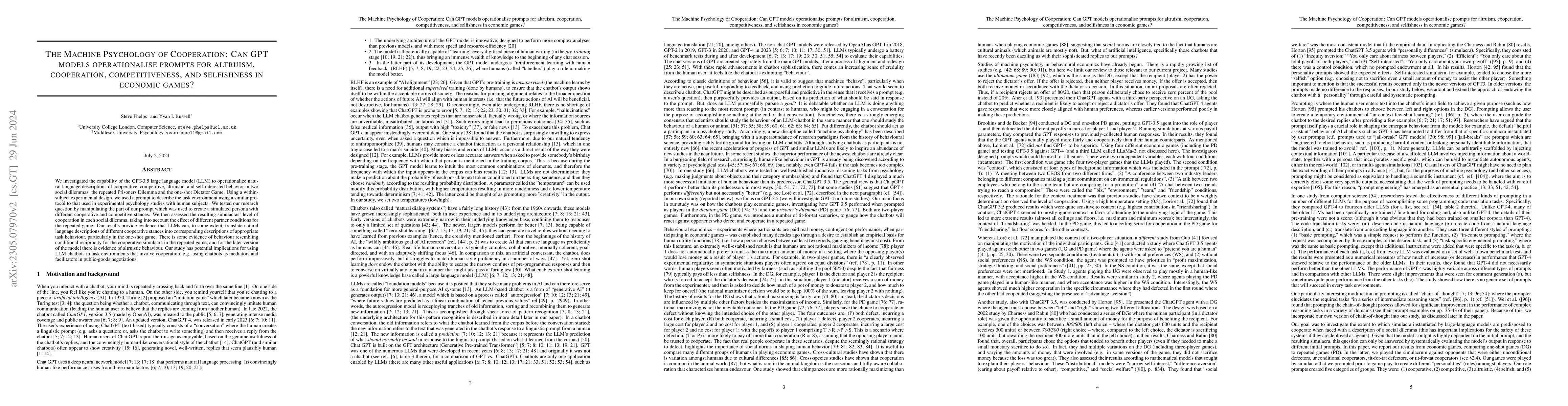 Thumbnail for The Machine Psychology of Cooperation: Can GPT models operationalise
  prompts for altruism, cooperation, competitiveness and selfishness in
  economic games?