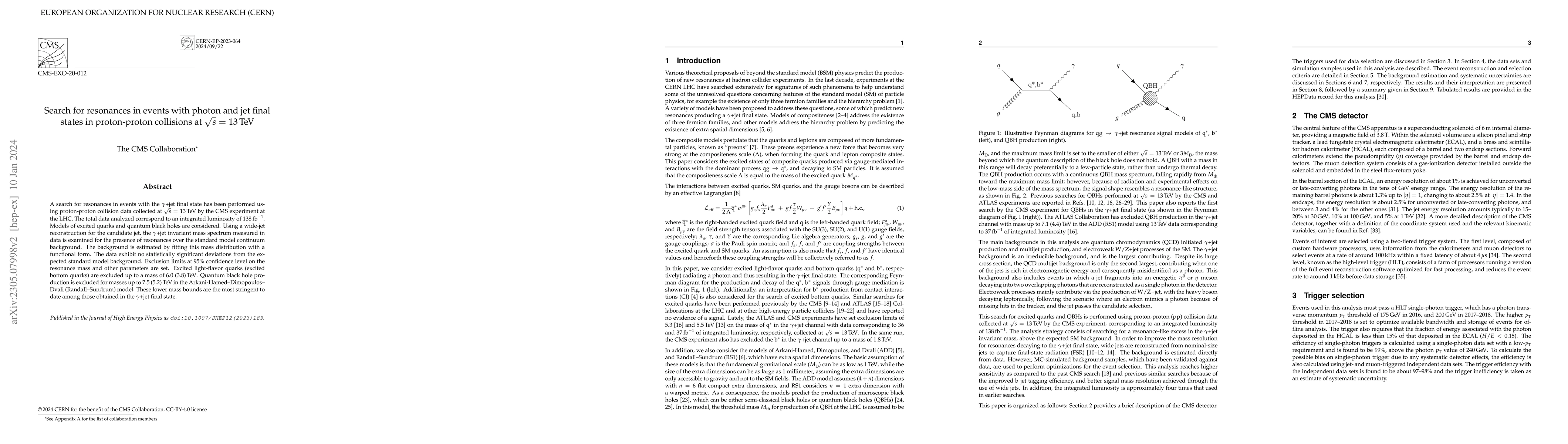 Thumbnail for Search for resonances in events with photon and jet final states in
  proton-proton collisions at $sqrt{s}$ = 13 TeV