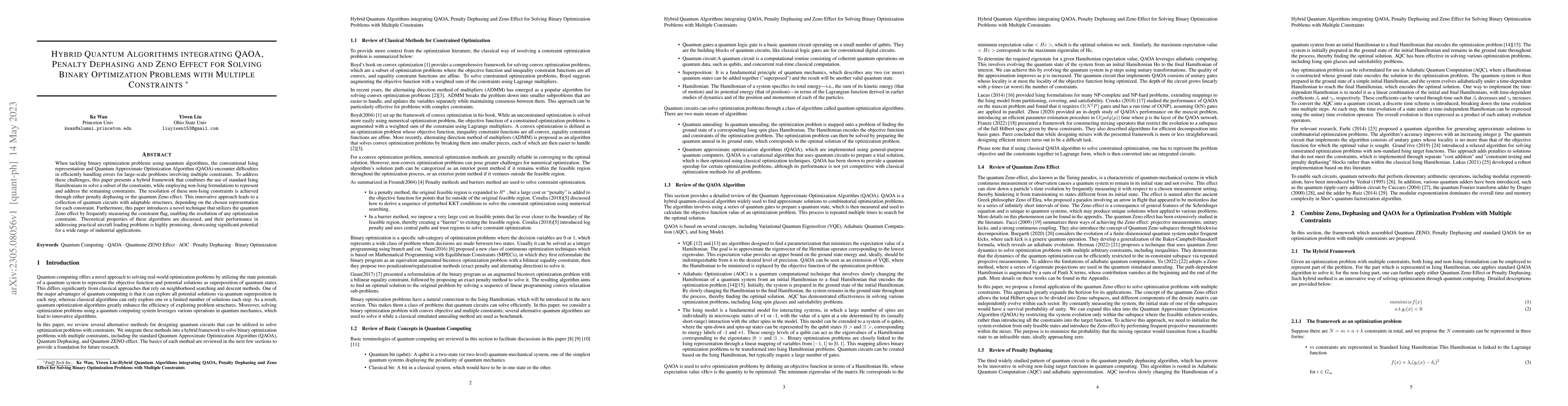 Thumbnail for Hybrid Quantum Algorithms integrating QAOA, Penalty Dephasing and Zeno
  Effect for Solving Binary Optimization Problems with Multiple Constraints