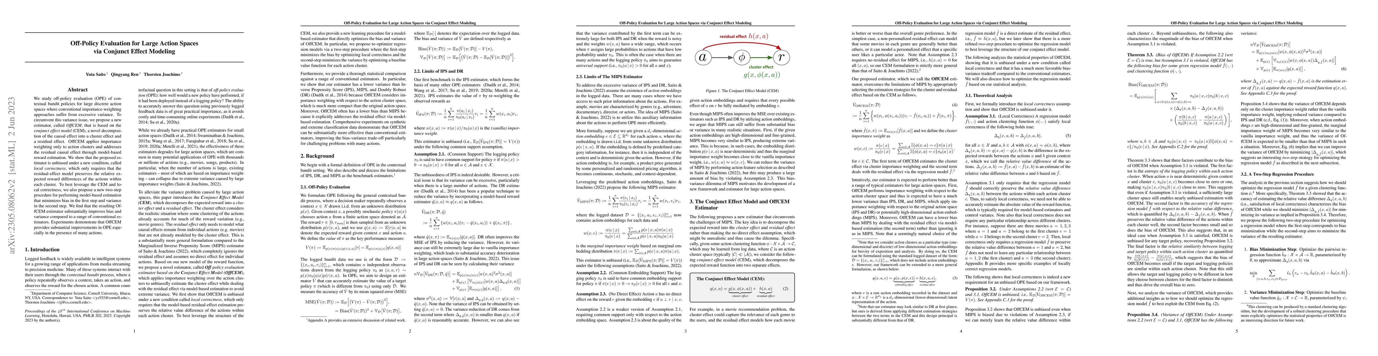 Thumbnail for Off-Policy Evaluation for Large Action Spaces via Conjunct Effect
  Modeling