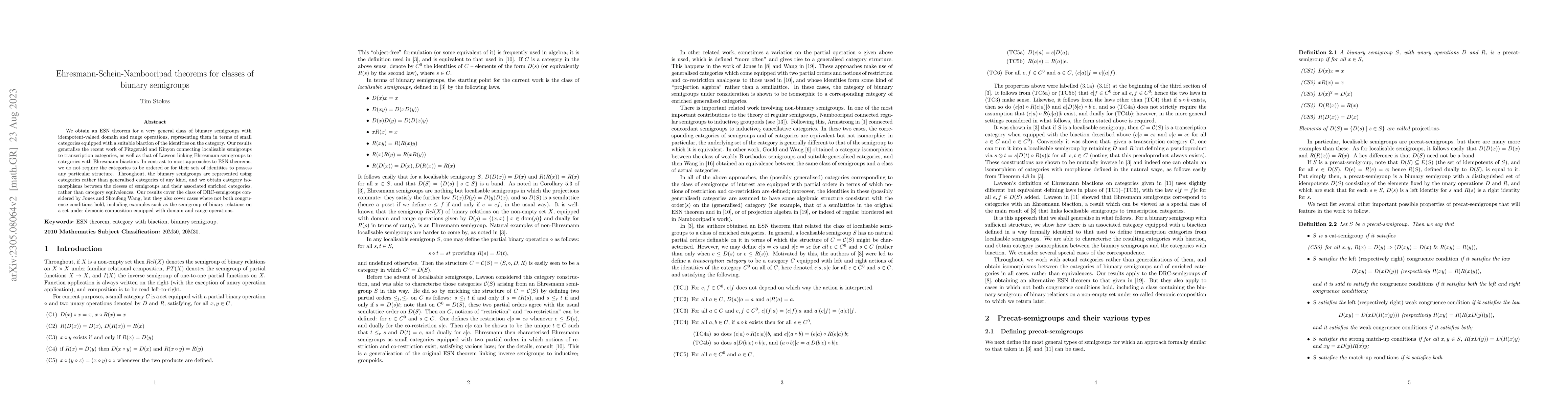 Thumbnail for Ehresmann-Schein-Nambooripad theorems for classes of biunary semigroups