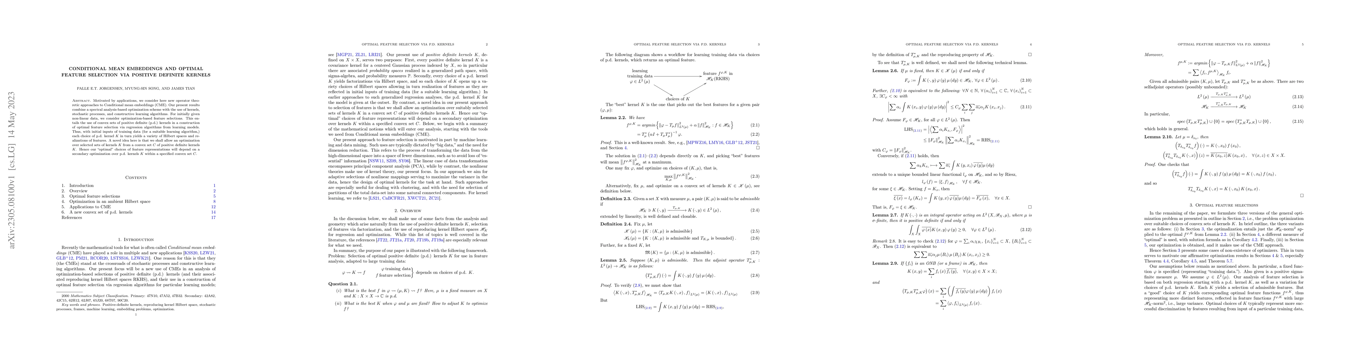 Thumbnail for Conditional mean embeddings and optimal feature selection via positive
  definite kernels