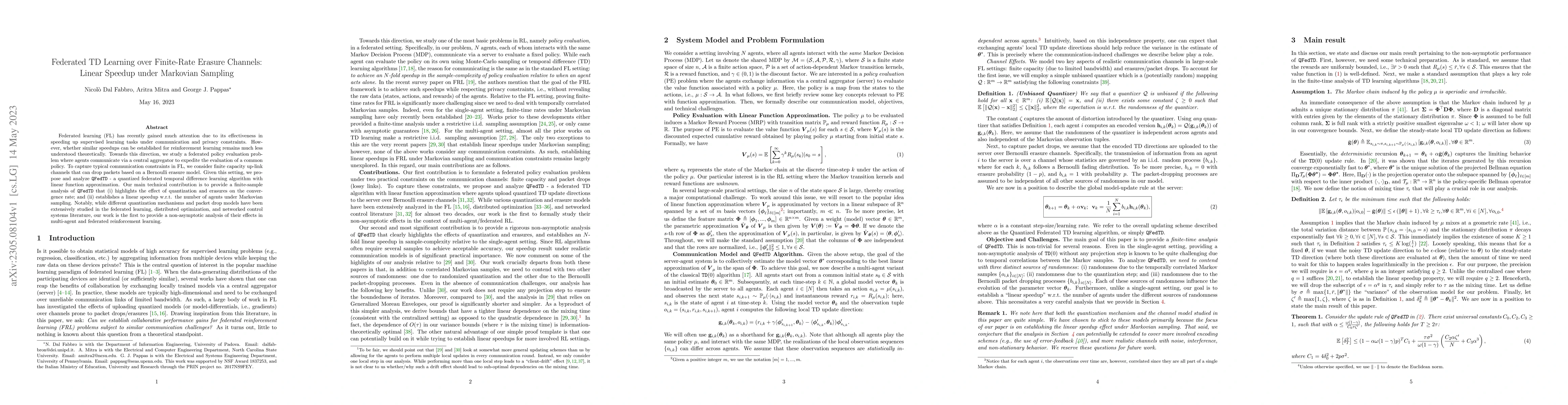 Thumbnail for Federated TD Learning over Finite-Rate Erasure Channels: Linear Speedup
  under Markovian Sampling