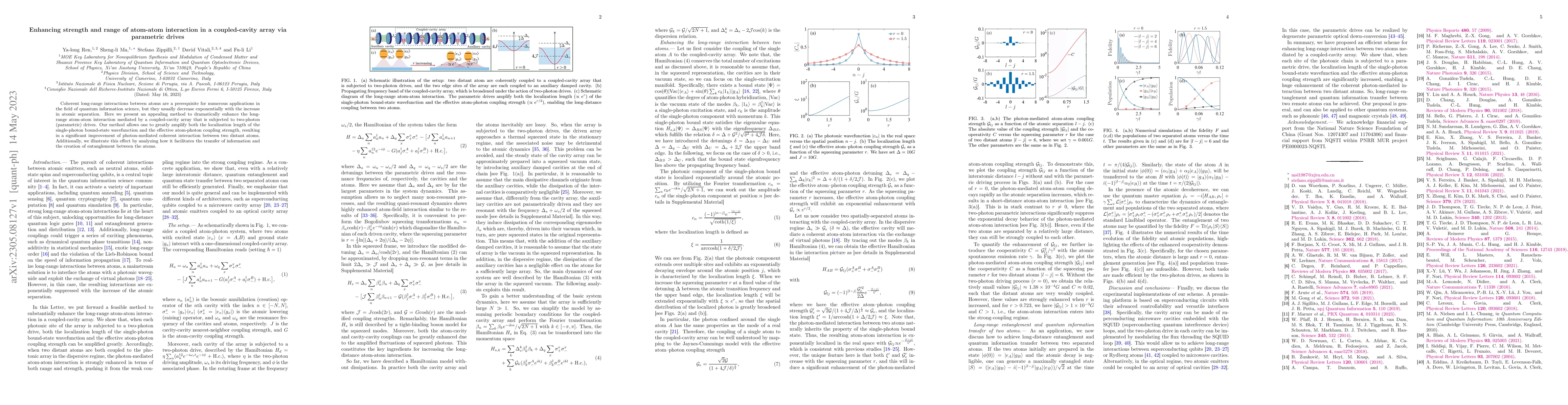 Thumbnail for Enhancing strength and range of atom-atom interaction in a
  coupled-cavity array via parametric drives