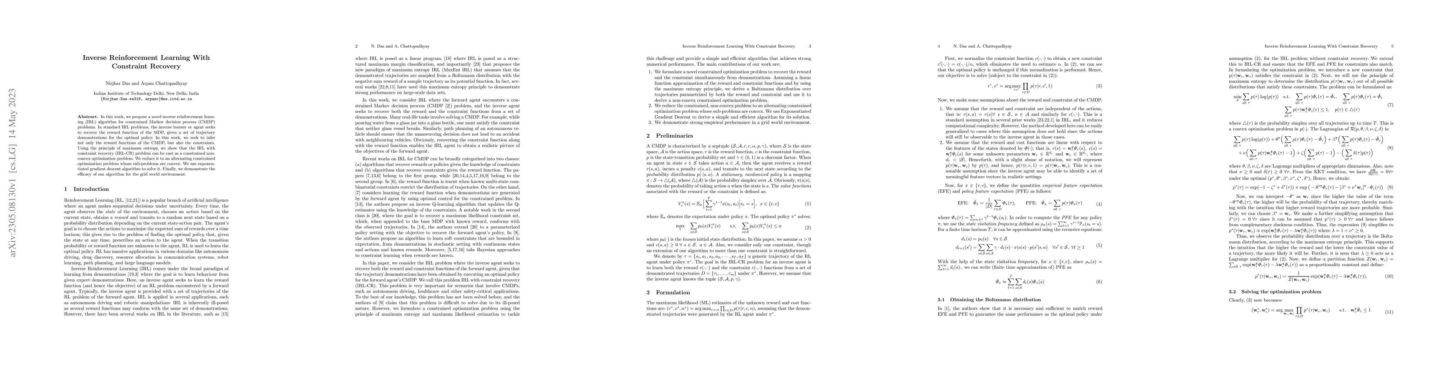 Thumbnail for Inverse Reinforcement Learning With Constraint Recovery