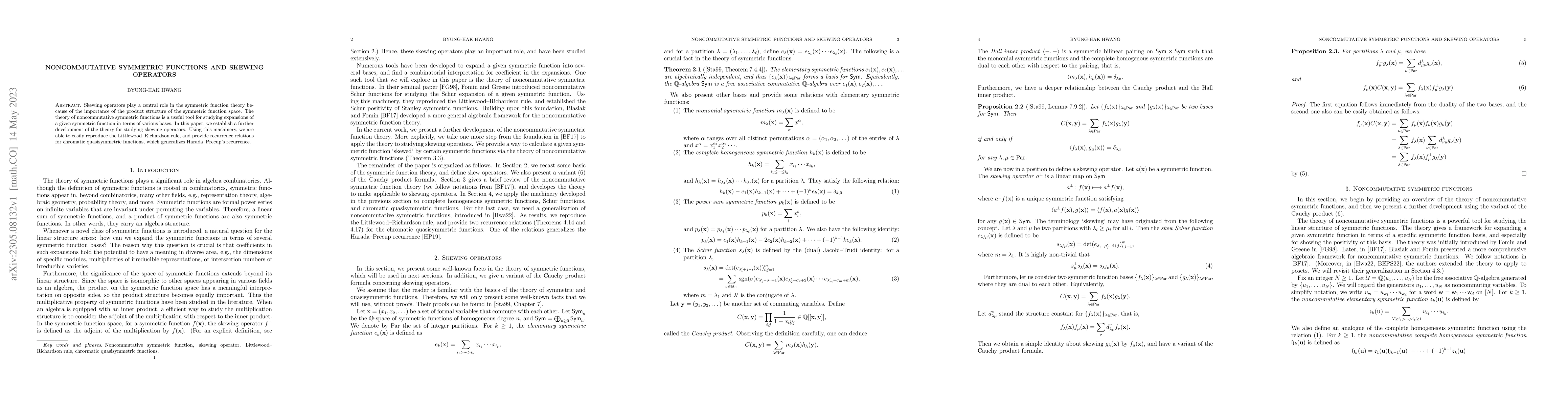 Thumbnail for Noncommutative symmetric functions and skewing operators