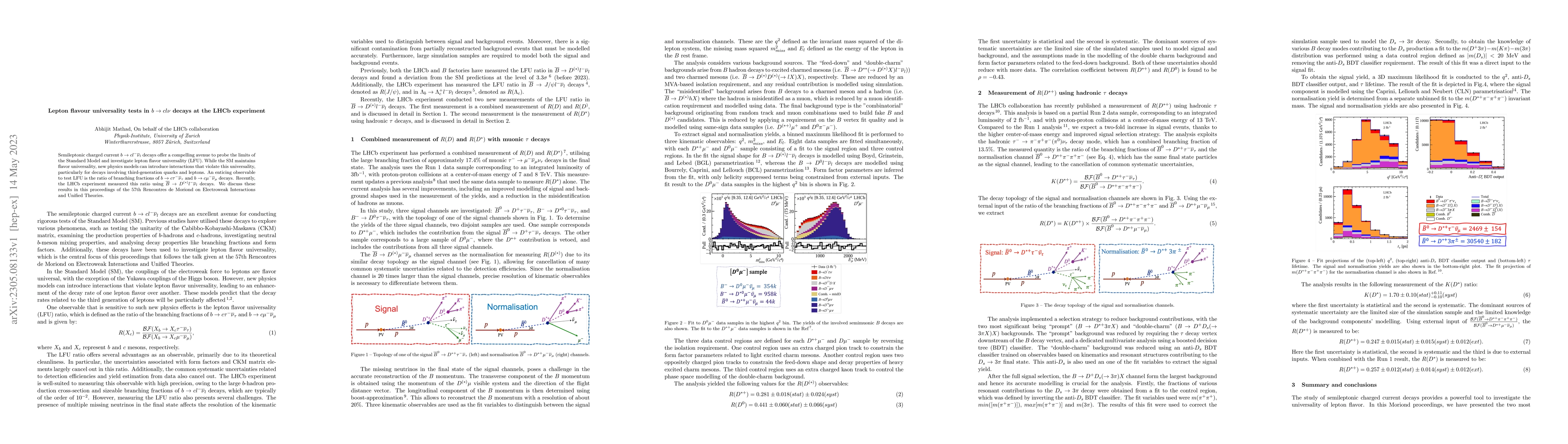 Thumbnail for Lepton flavour universality tests in $b \to c l \nu$ decays at the LHCb
  experiment
