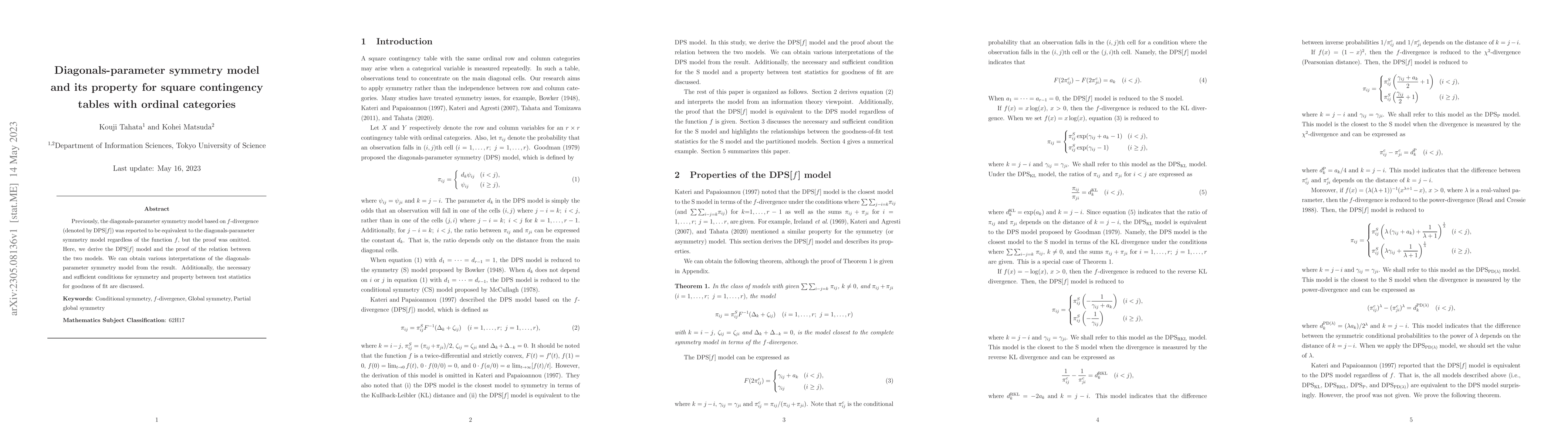 Thumbnail for Diagonals-parameter symmetry model and its property for square
  contingency tables with ordinal categories