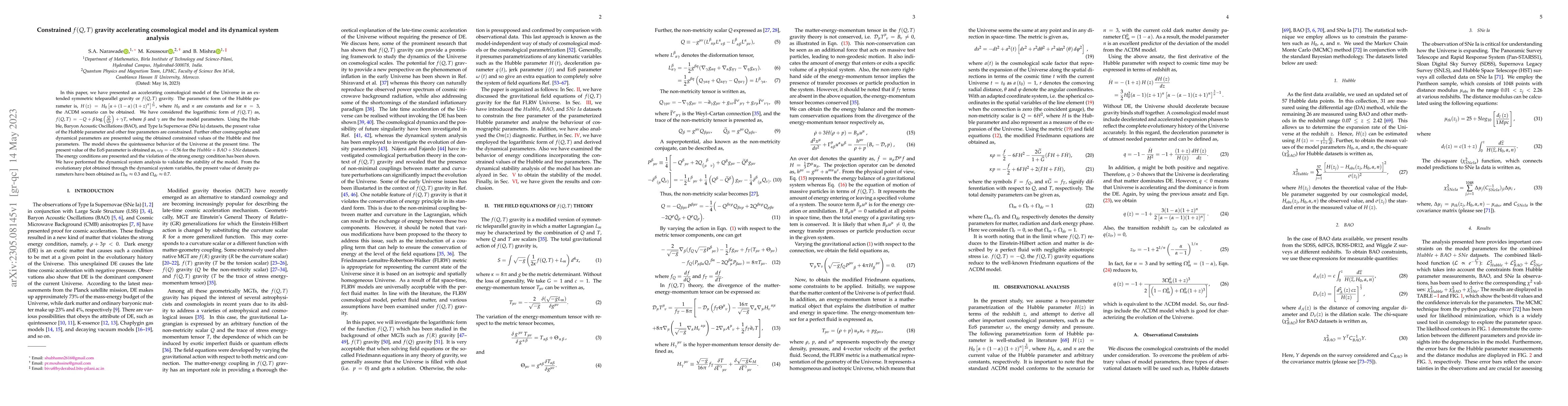 Thumbnail for Constrained $f(Q,T)$ gravity accelerating cosmological model and its
  dynamical system analysis