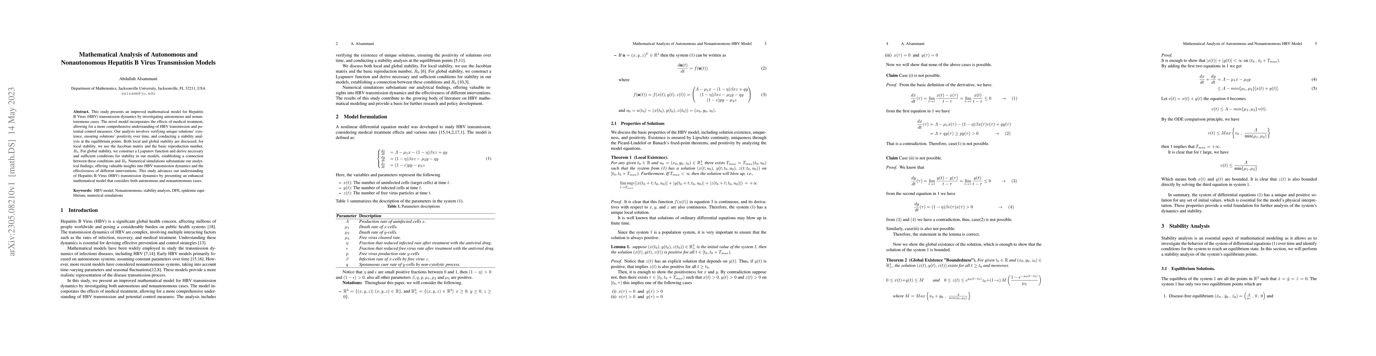 Thumbnail for Mathematical Analysis of Autonomous and Nonautonomous Hepatitis B Virus
  Transmission Models