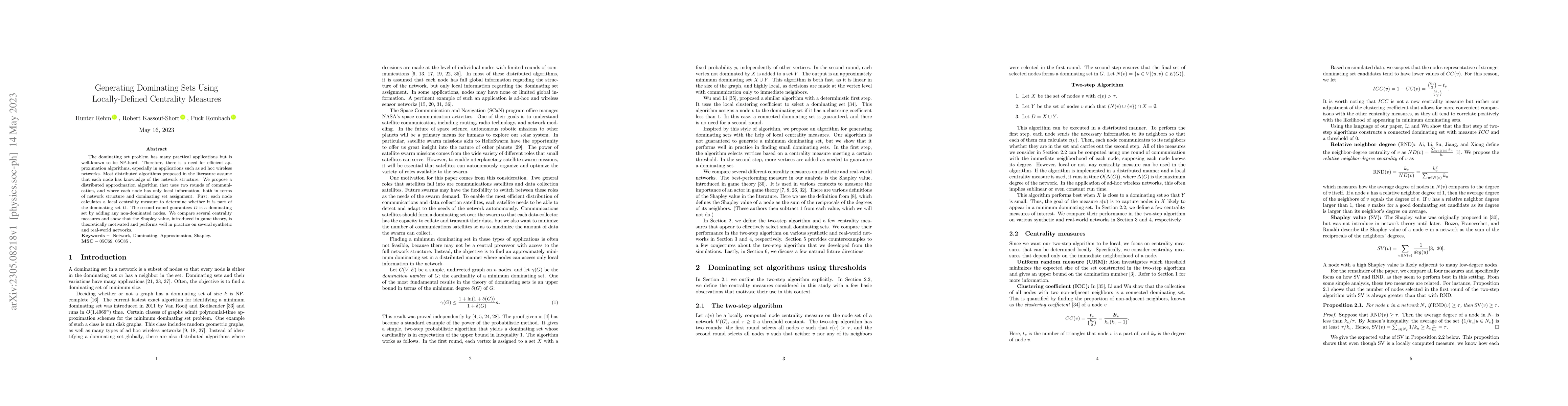 Thumbnail for Generating Dominating Sets Using Locally-Defined Centrality Measures