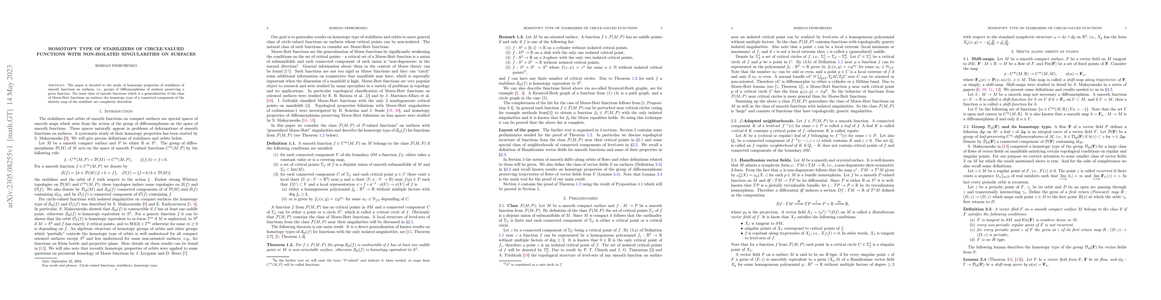 Thumbnail for Homotopy type of stabilizers of circle-valued functions with
  non-isolated singularities on surfaces