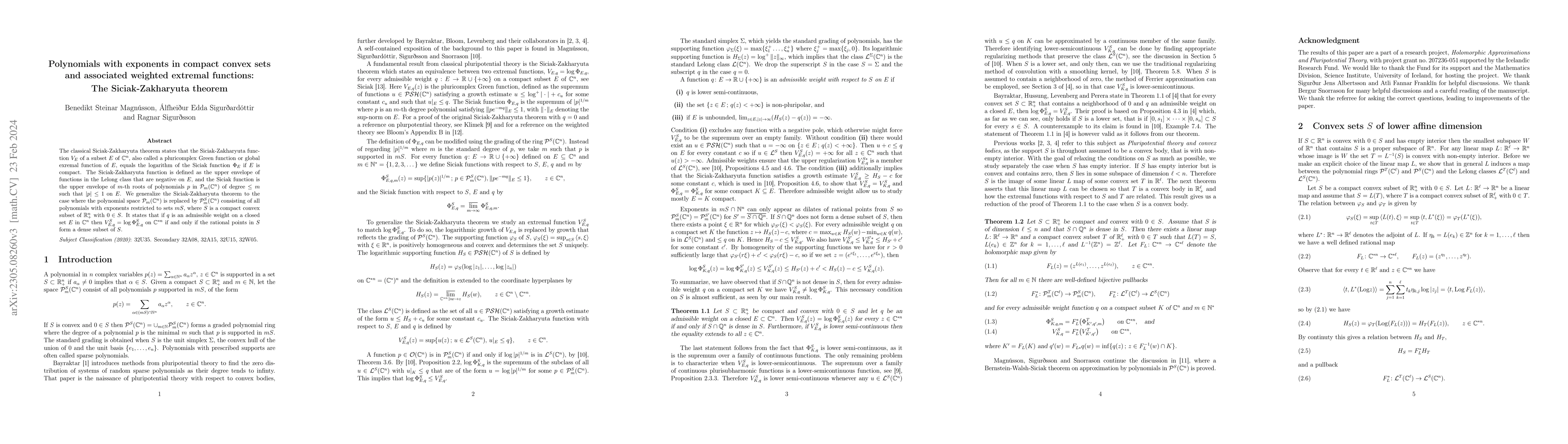 Thumbnail for Polynomials with exponents in compact convex sets and associated
  weighted extremal functions -- The Siciak-Zakharyuta theorem