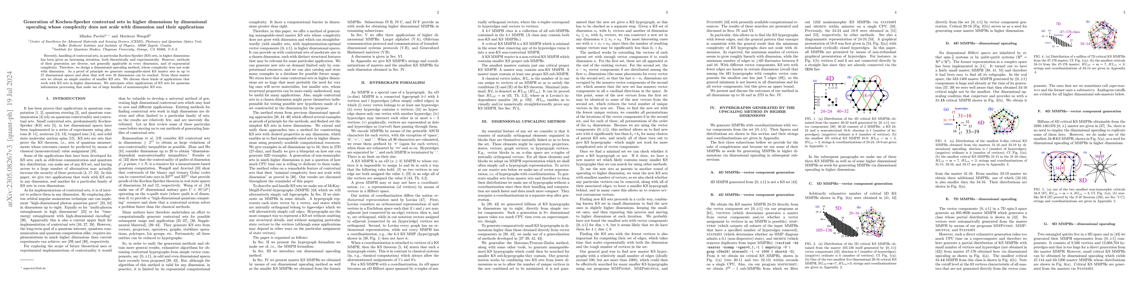 Thumbnail for Generation of Kochen-Specker contextual sets in higher dimensions by
  dimensional upscaling whose complexity does not scale with dimension and
  their applications