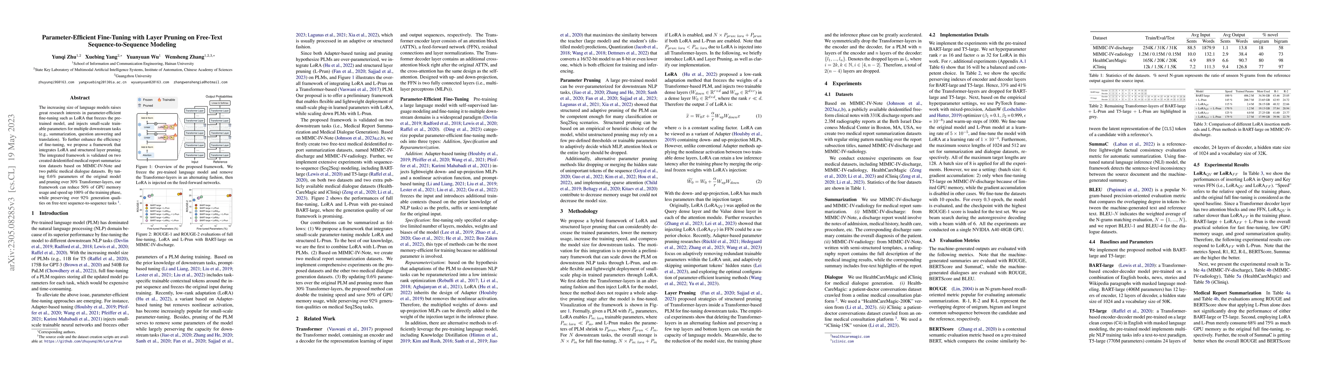 Thumbnail for Parameter-Efficient Fine-Tuning with Layer Pruning on Free-Text
  Sequence-to-Sequence Modeling