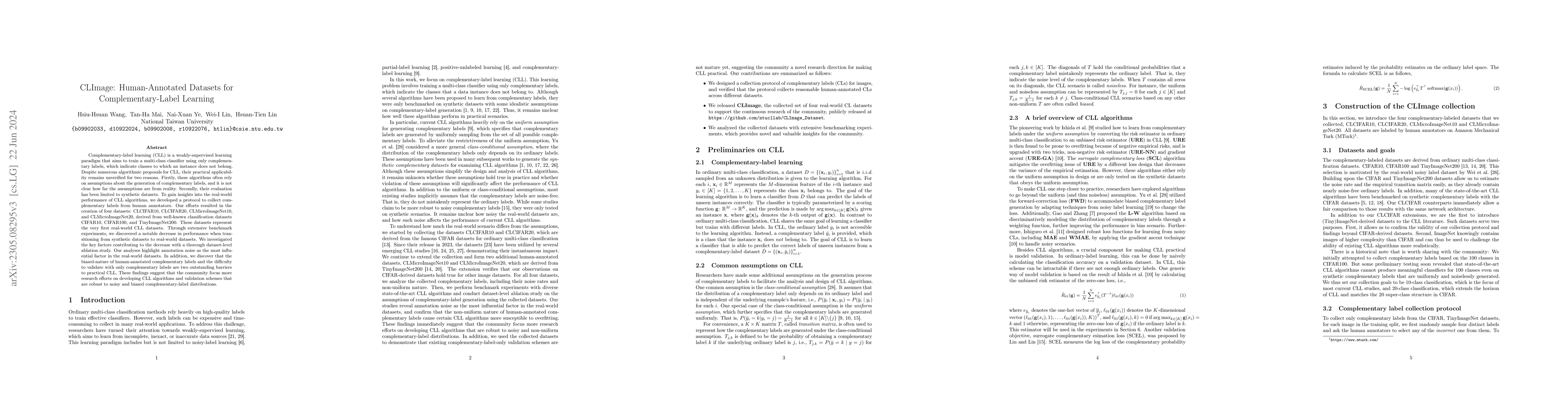 Thumbnail for CLImage: Human-Annotated Datasets for Complementary-Label Learning
