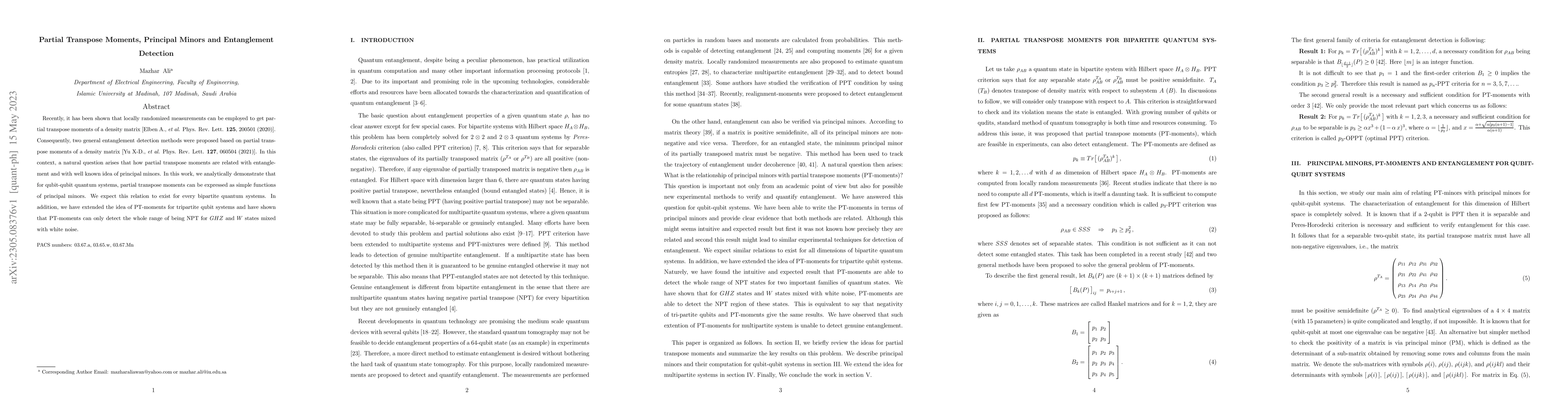 Thumbnail for Partial Transpose Moments, Principal Minors and Entanglement Detection