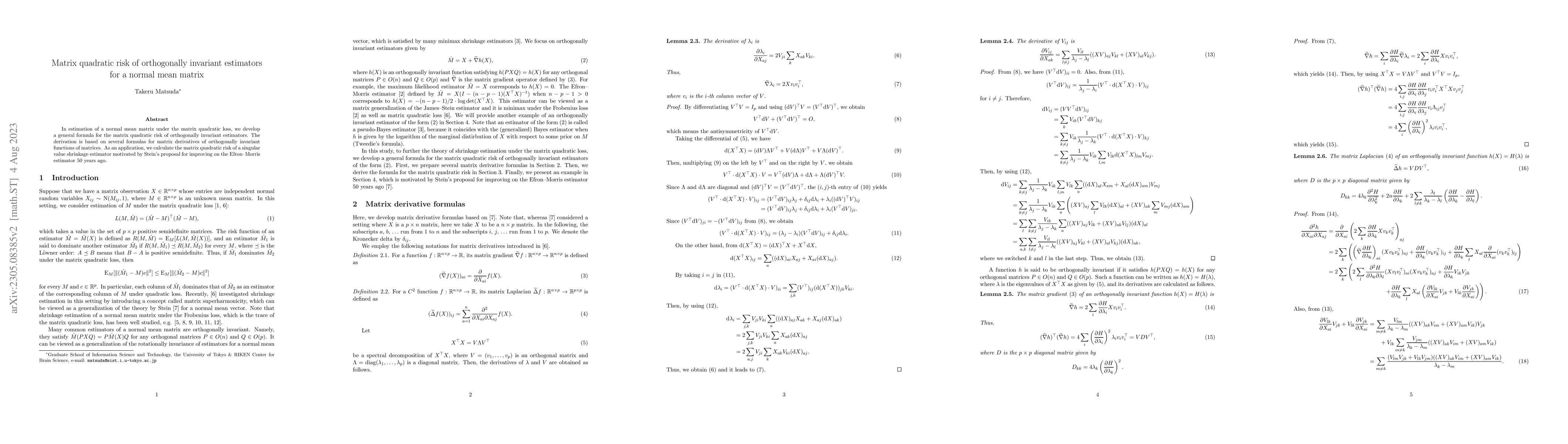 Thumbnail for Matrix quadratic risk of orthogonally invariant estimators for a normal
  mean matrix