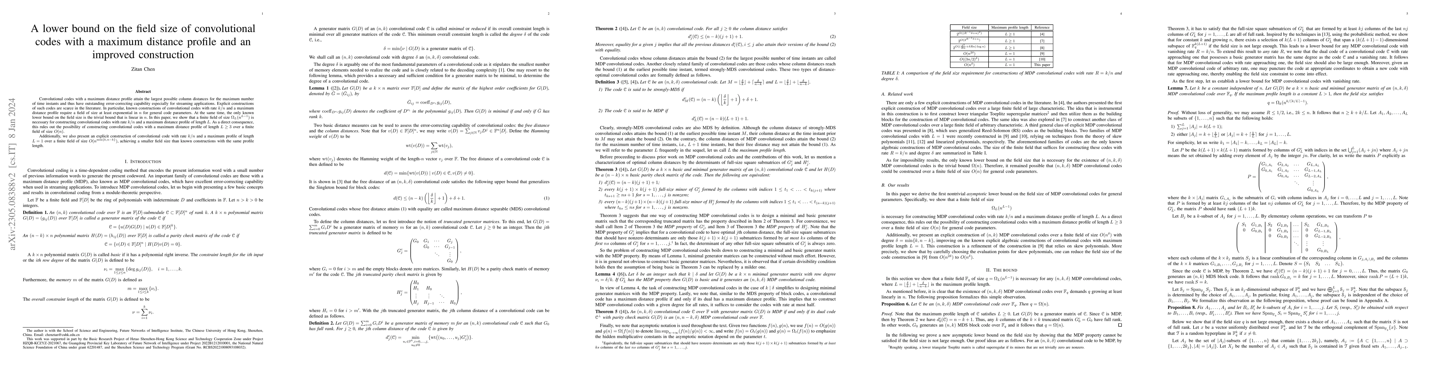 Thumbnail for A lower bound on the field size of convolutional codes with a maximum
  distance profile and an improved construction