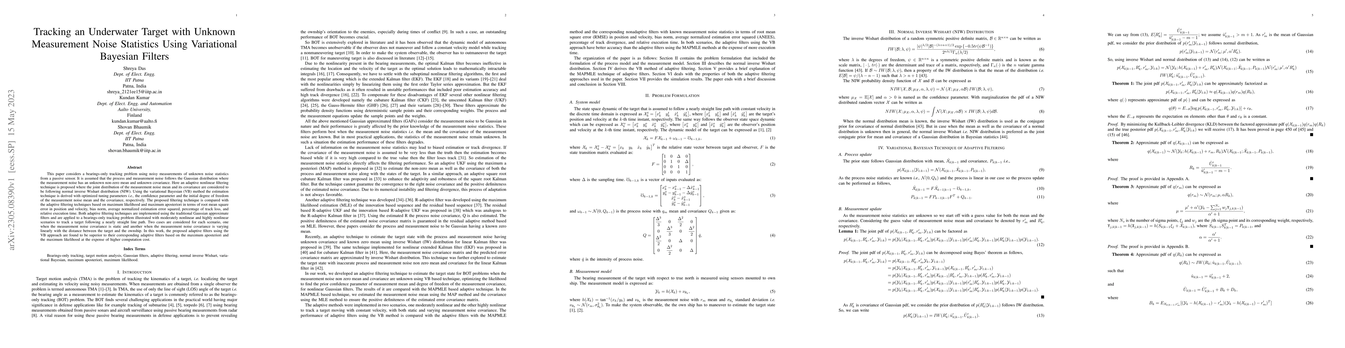 Thumbnail for Tracking an Underwater Target with Unknown Measurement Noise Statistics
  Using Variational Bayesian Filters