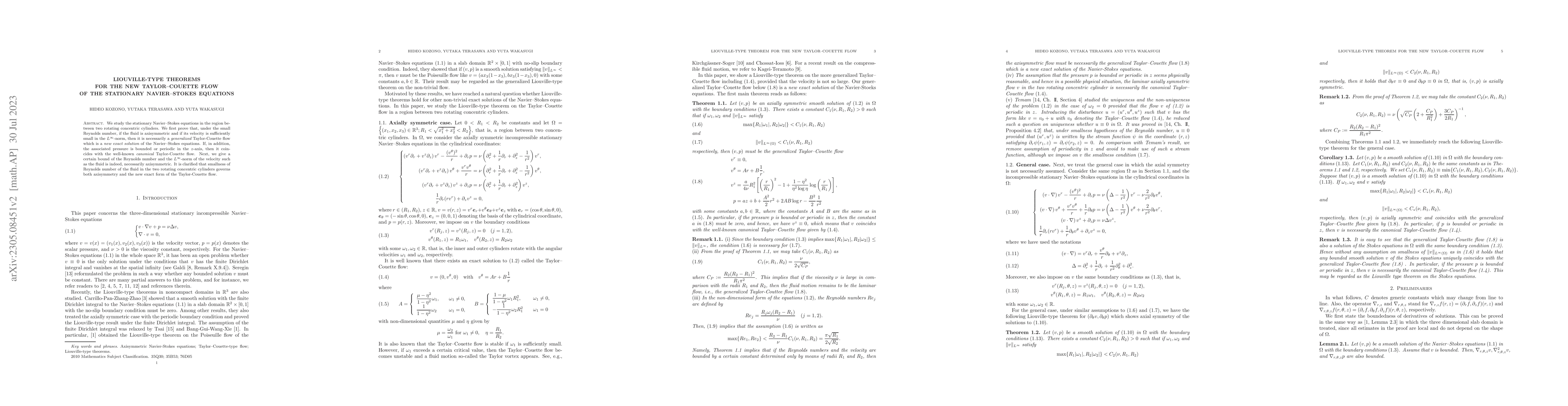 Thumbnail for Liouville-type theorems for the new Taylor--Couette flow of the
  stationary Navier--Stokes equations