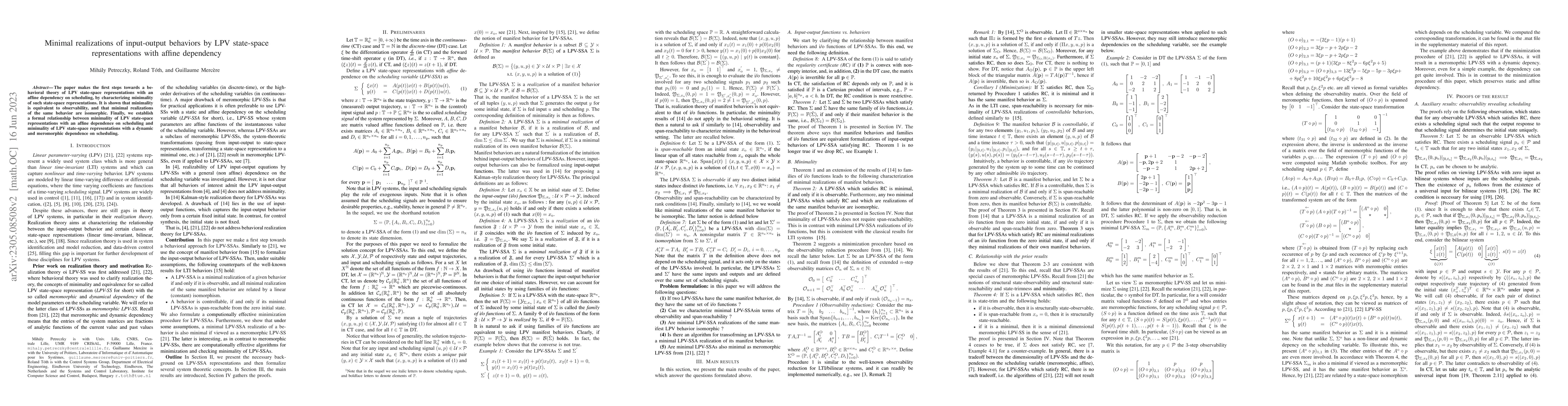Thumbnail for Minimal realizations of input-output behaviors by LPV state-space
  representations with affine dependency