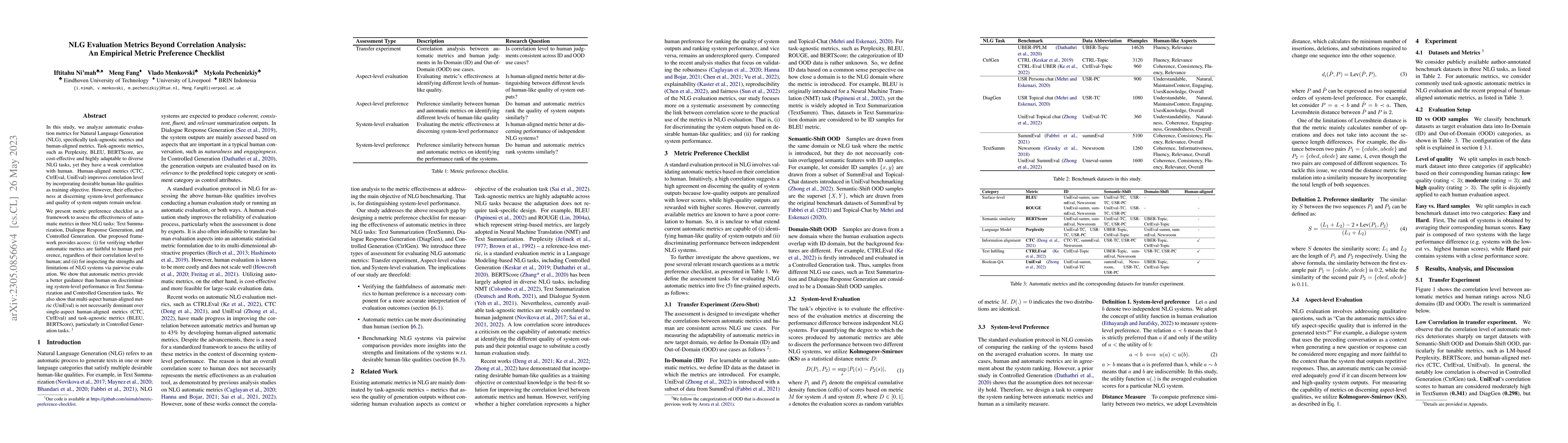 Thumbnail for NLG Evaluation Metrics Beyond Correlation Analysis: An Empirical Metric
  Preference Checklist