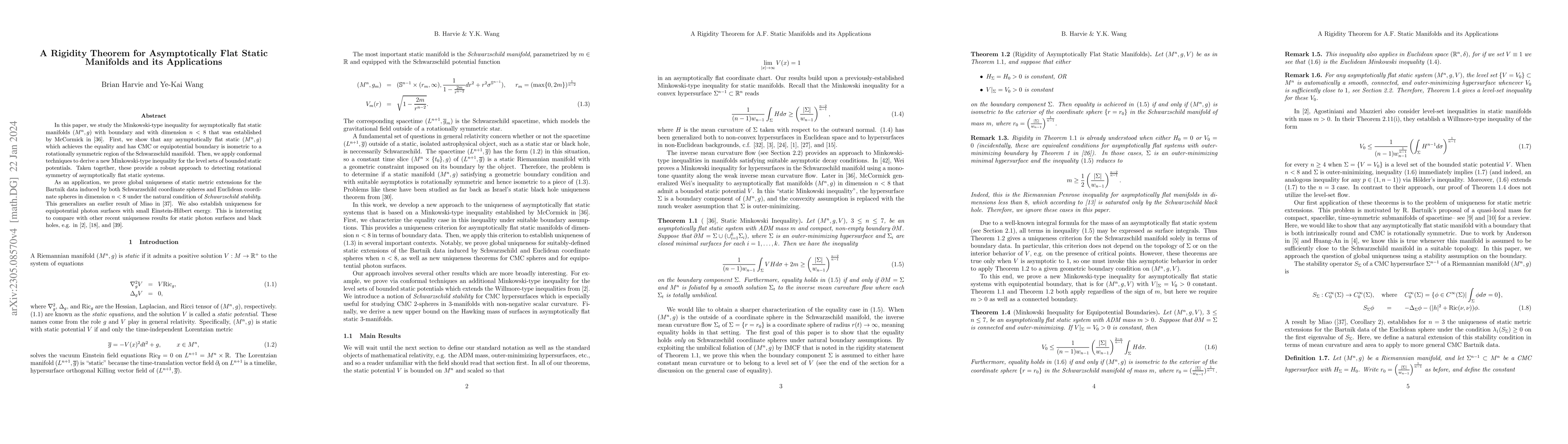 Thumbnail for A rigidity theorem for asymptotically flat static manifolds and its
  applications