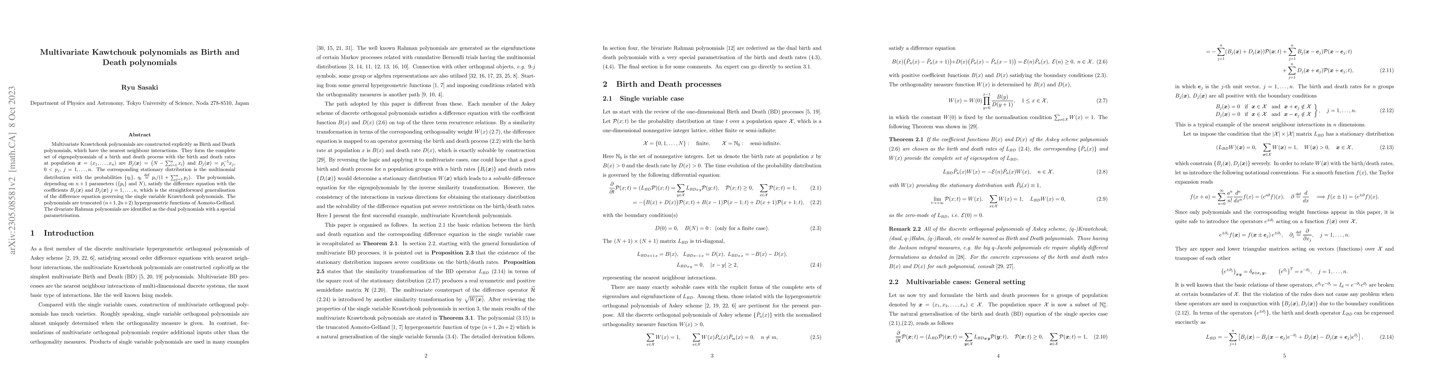 Thumbnail for Multivariate Kawtchouk polynomials as Birth and Death polynomials