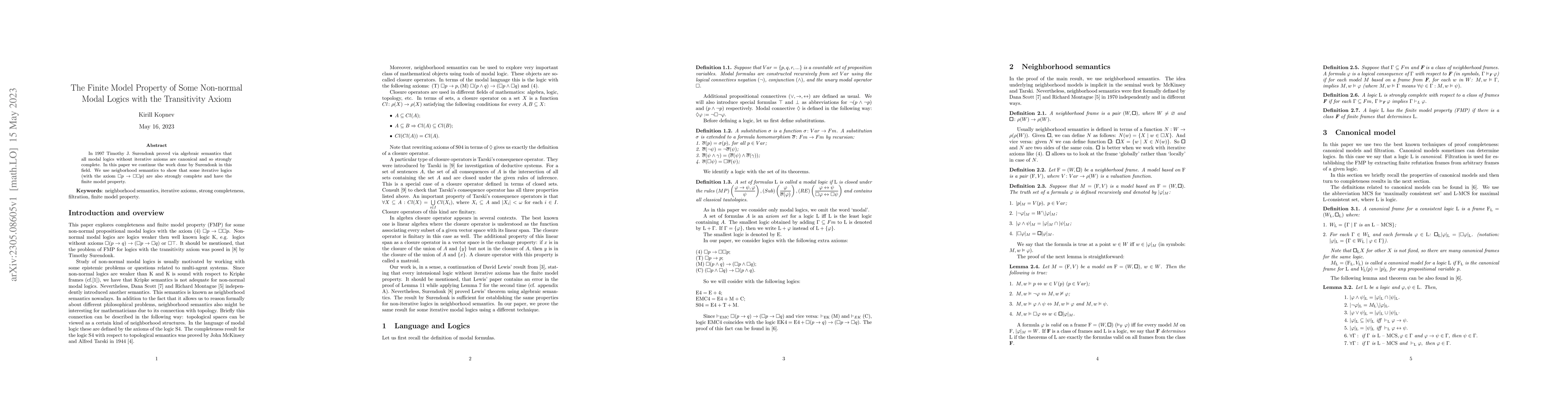 Thumbnail for The Finite Model Property of Some Non-normal Modal Logics with the
  Transitivity Axiom