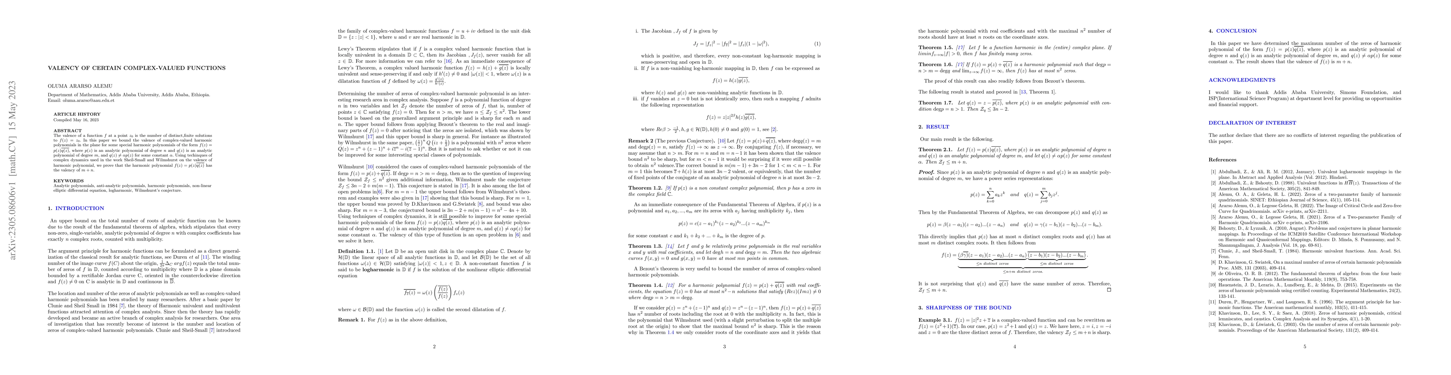 Thumbnail for Valency of Certain Complex-valued Functions