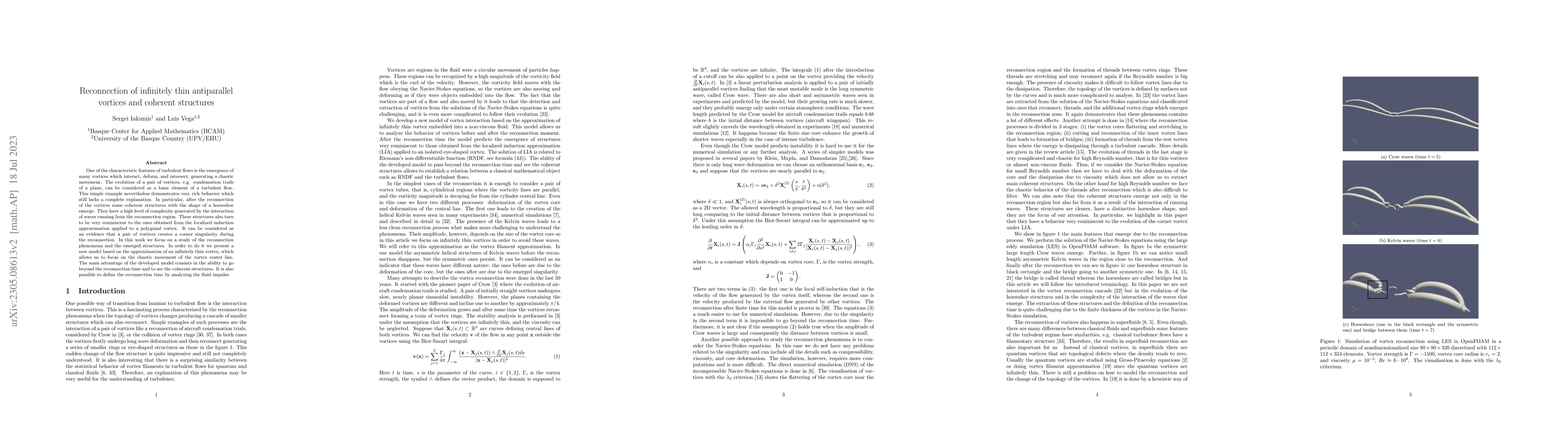 Thumbnail for Reconnection of infinitely thin antiparallel vortices and coherent
  structures